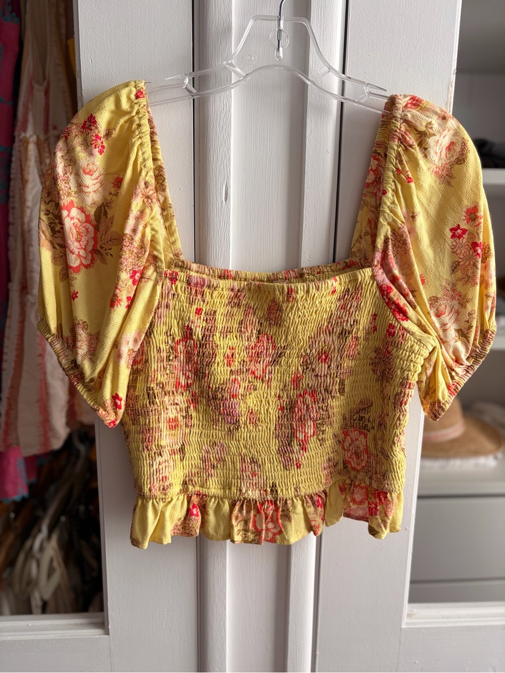Yellow Floral Smocked Puff Sleeve Crop Top